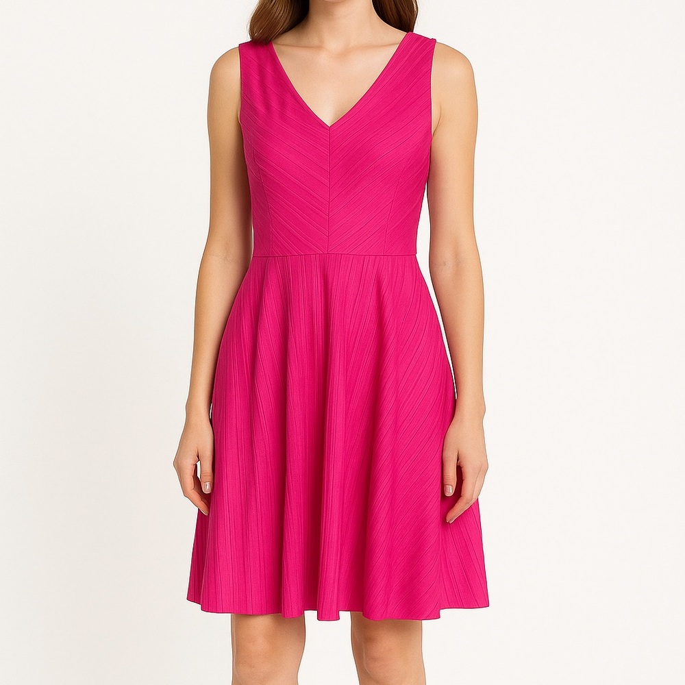 Maggy London Hot Pink Fit & Flare V-Neck Sleeveless Dress Size 6 Spring Wedding